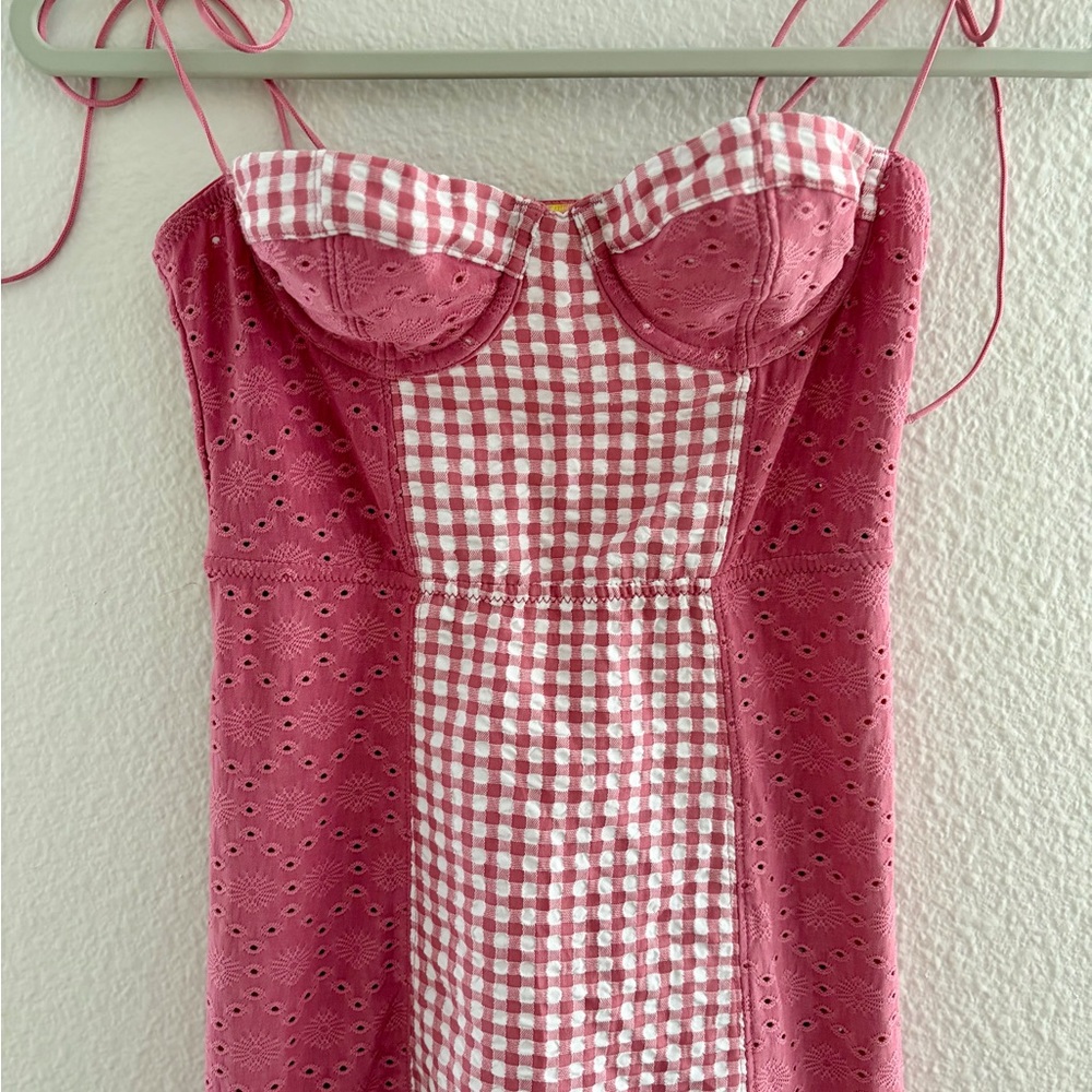 Urban Outfitters Pink Gingham Corset Mini Dress Eyelet Bustier SP - Picture 5 of 15
